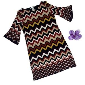 Studio One Women's Retro Chevron Earth Tone Stripes Smock Dress; L NWT